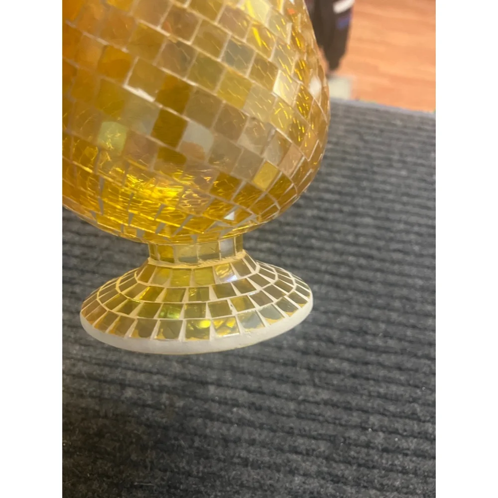 Yellow Mosaic Glass Hurricane Vase and Votive Set EUC Vintage Decor